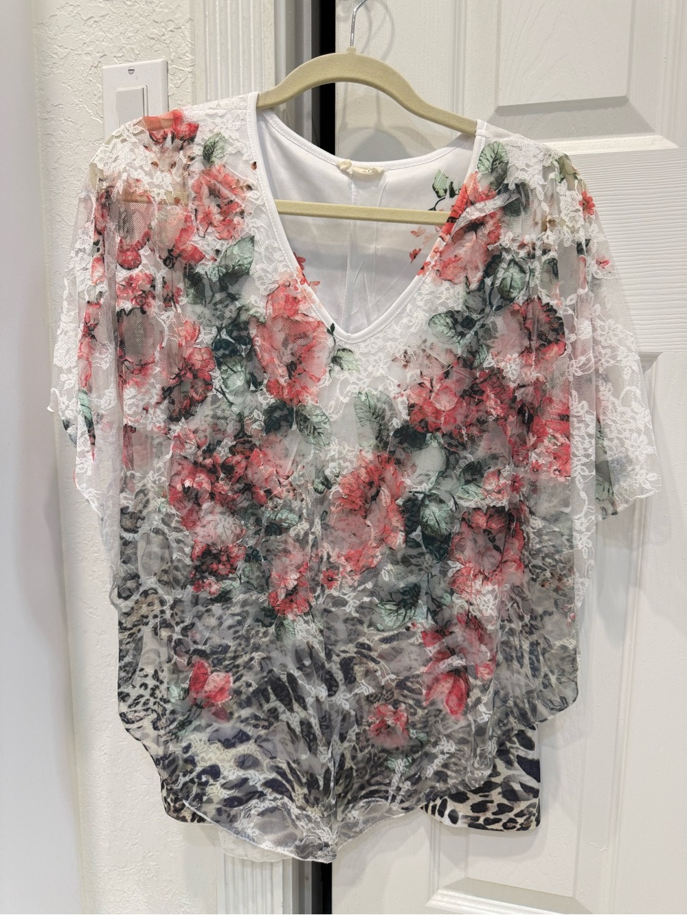 Floral Lace Overlay V-Neck Women’s Top - White with Pink Floral Animal Print